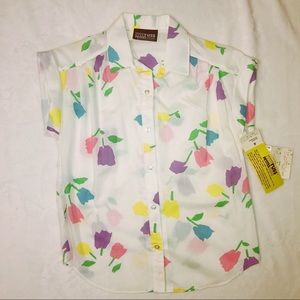 Vintage deadstock button white tulip floral shirt